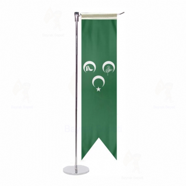Yeşil Üç Hilal Osmanlı Tuğra L Masa Bayrağı