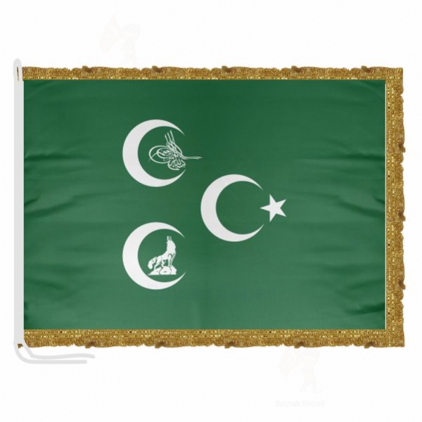 Yeşil Üç Hilal Osmanlı Tuğra Saten Kumaş Makam Bayrağı