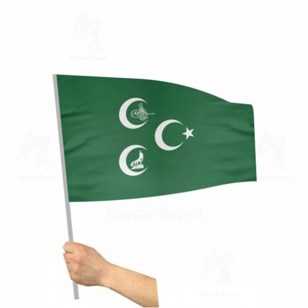 Yeşil Üç Hilal Osmanlı Tuğra Sopalı Bayraklar