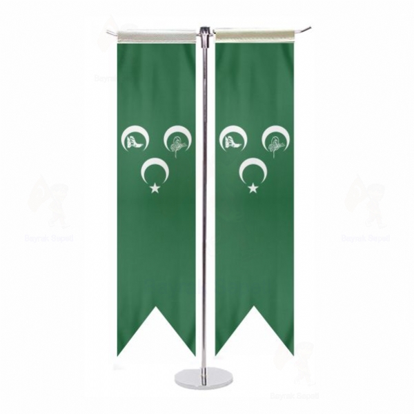 Yeşil Üç Hilal Osmanlı Tuğra T Masa Bayrağı