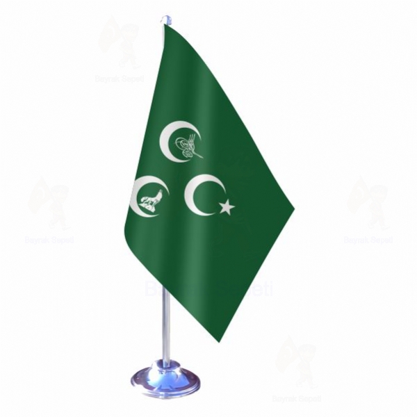 Yeşil Üç Hilal Osmanlı Tuğra Tekli Masa Bayrakları
