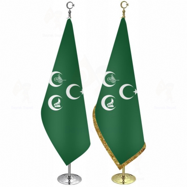 Yeşil Üç Hilal Osmanlı Tuğra Telalı Makam Bayrağı