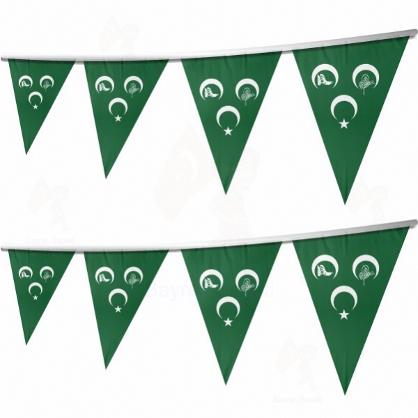 Yeşil Üç Hilal Osmanlı Tuğra İpe Dizili Üçgen Bayraklar